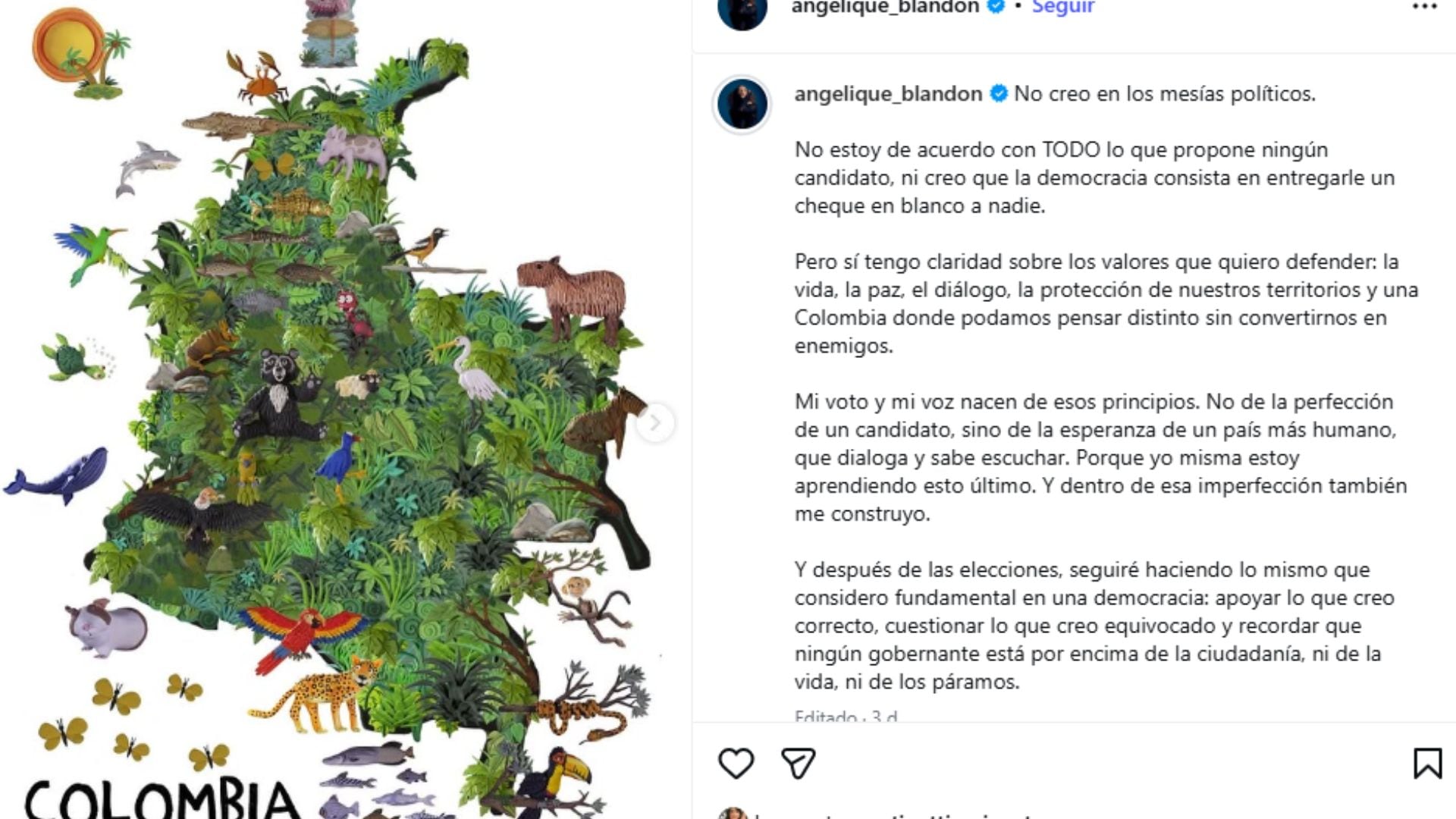 A través de su cuenta de Instagram, la actriz Angélica Blandón compartió una reflexión sobre las elecciones de 2026, en la que aseguró que no cree en los “mesías políticos” y defendió la importancia de no entregar “cheques en blanco” a ningún candidato.
