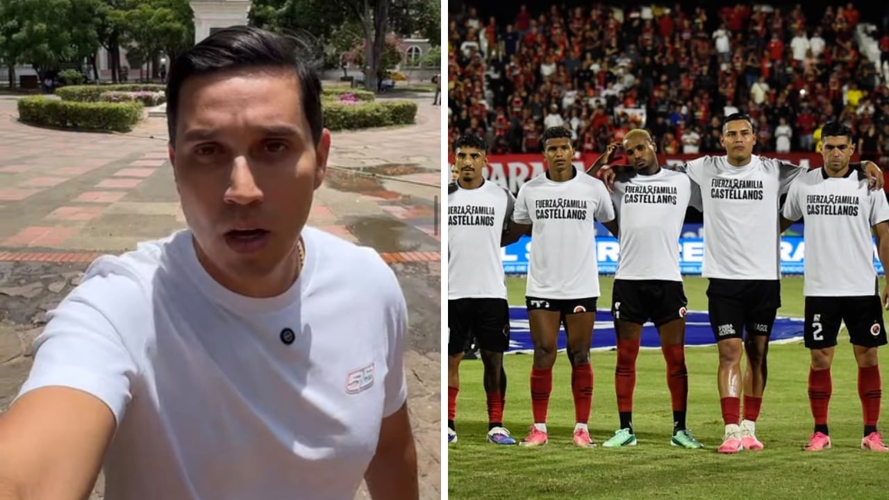 Homenaje de los jugadores de Cúcuta Deportivo (der.) tras la muerte de Miguel Castellanos (izq.).