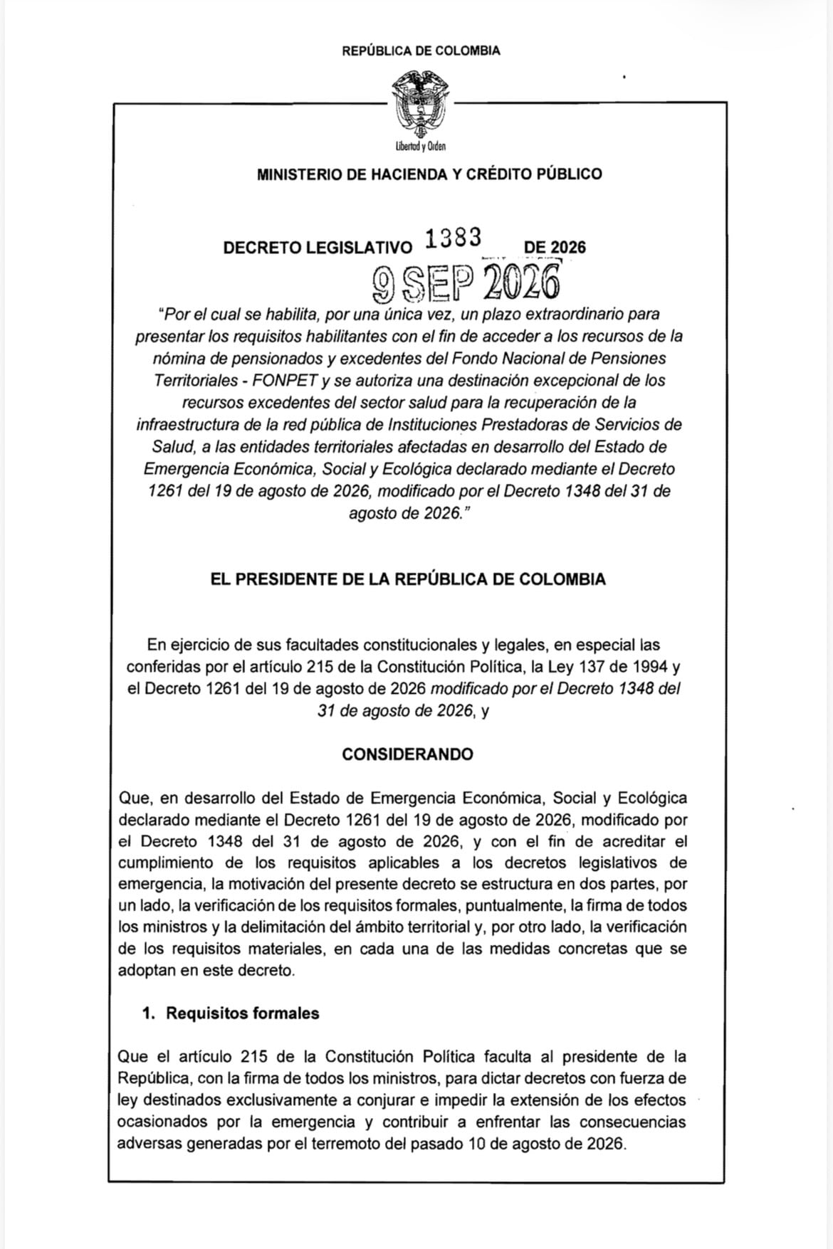 Decreto firmado por el presidente De La Espriella
