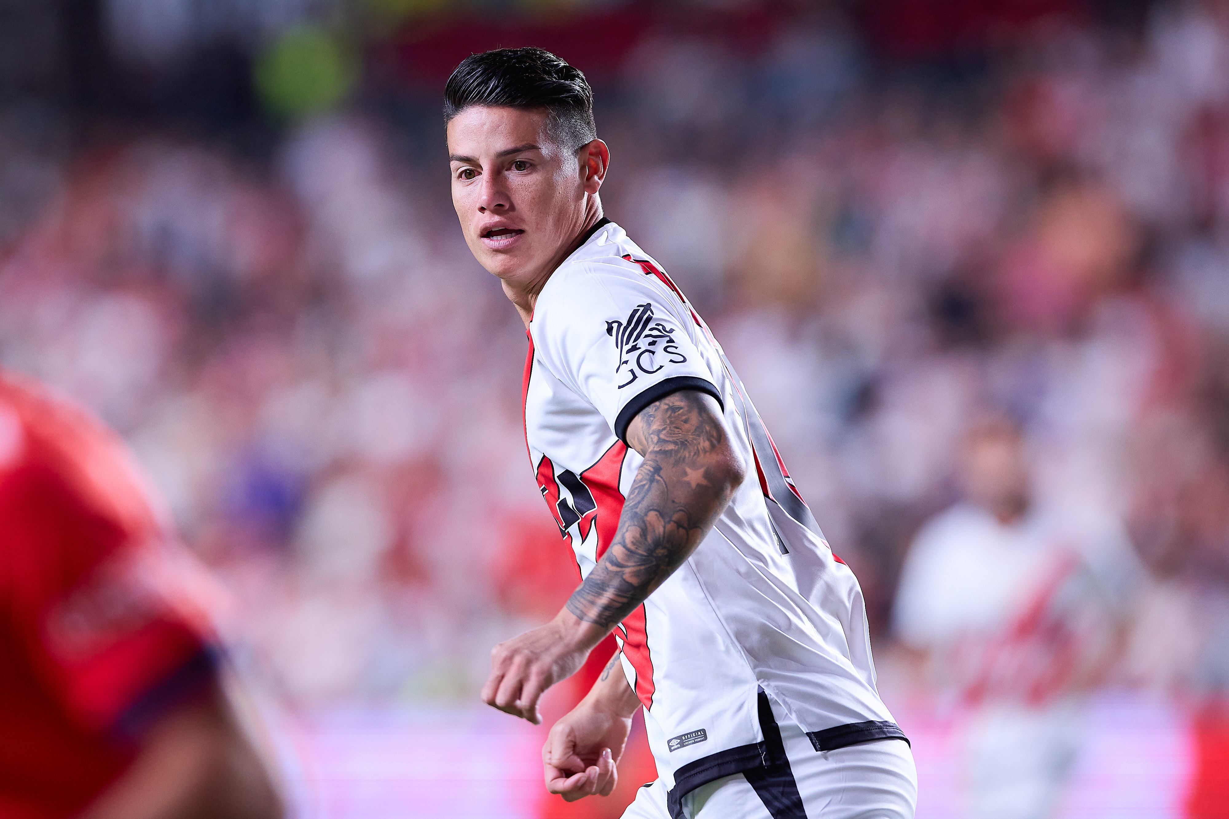 MADRID, SPAIN - 2024/09/16: James Rodriguez of Rayo Vallecano seen in action during the 2024/2025 La Liga EA Sports week 5 football match between Rayo Vallecano and CA Osasuna at Estadio de Vallecas. Final score: Rayo Vallecano 3:1 CA Osasuna. (Photo by Federico Titone/SOPA Images/LightRocket via Getty Images)