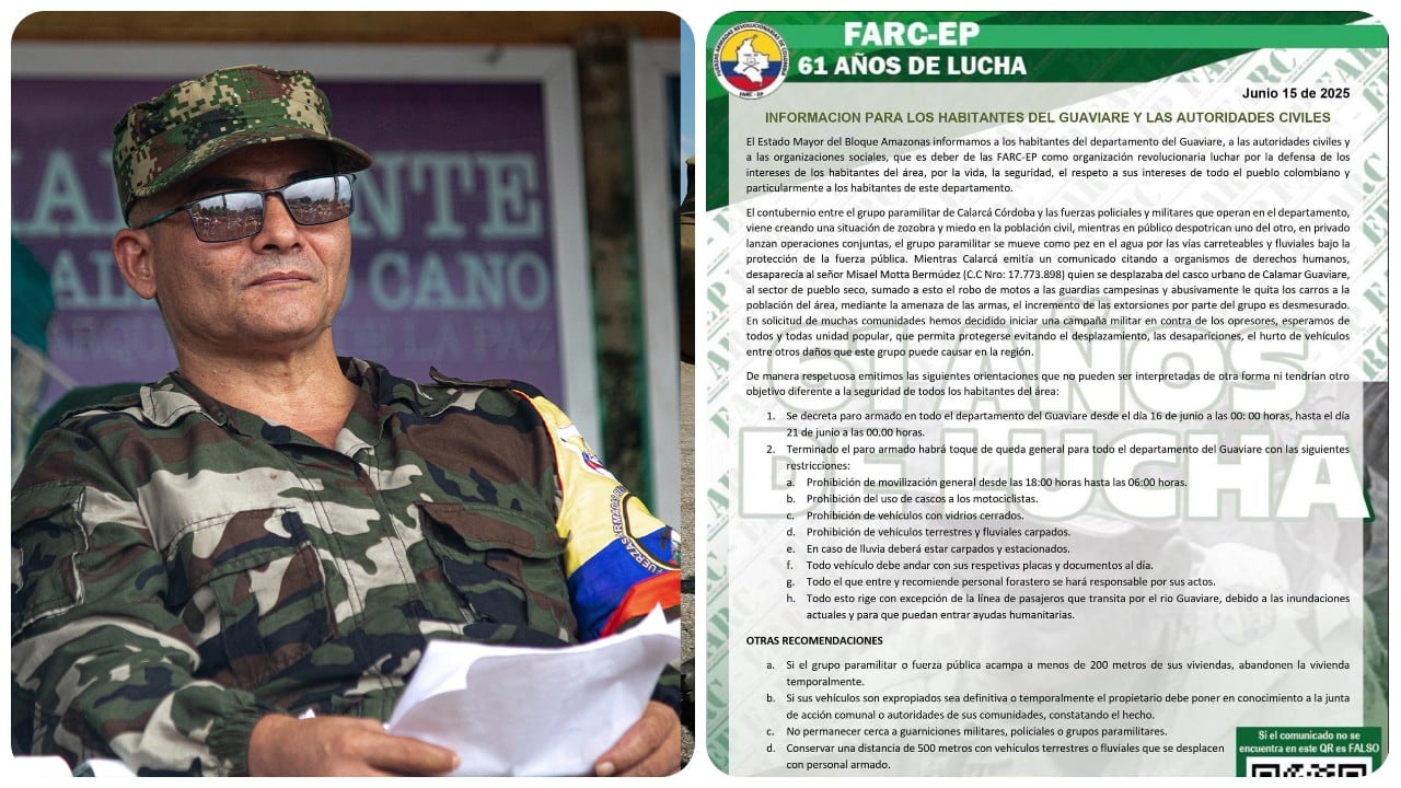 Las disidencias de las Farc anunciaron paro armado en el departamento del Guaviare.