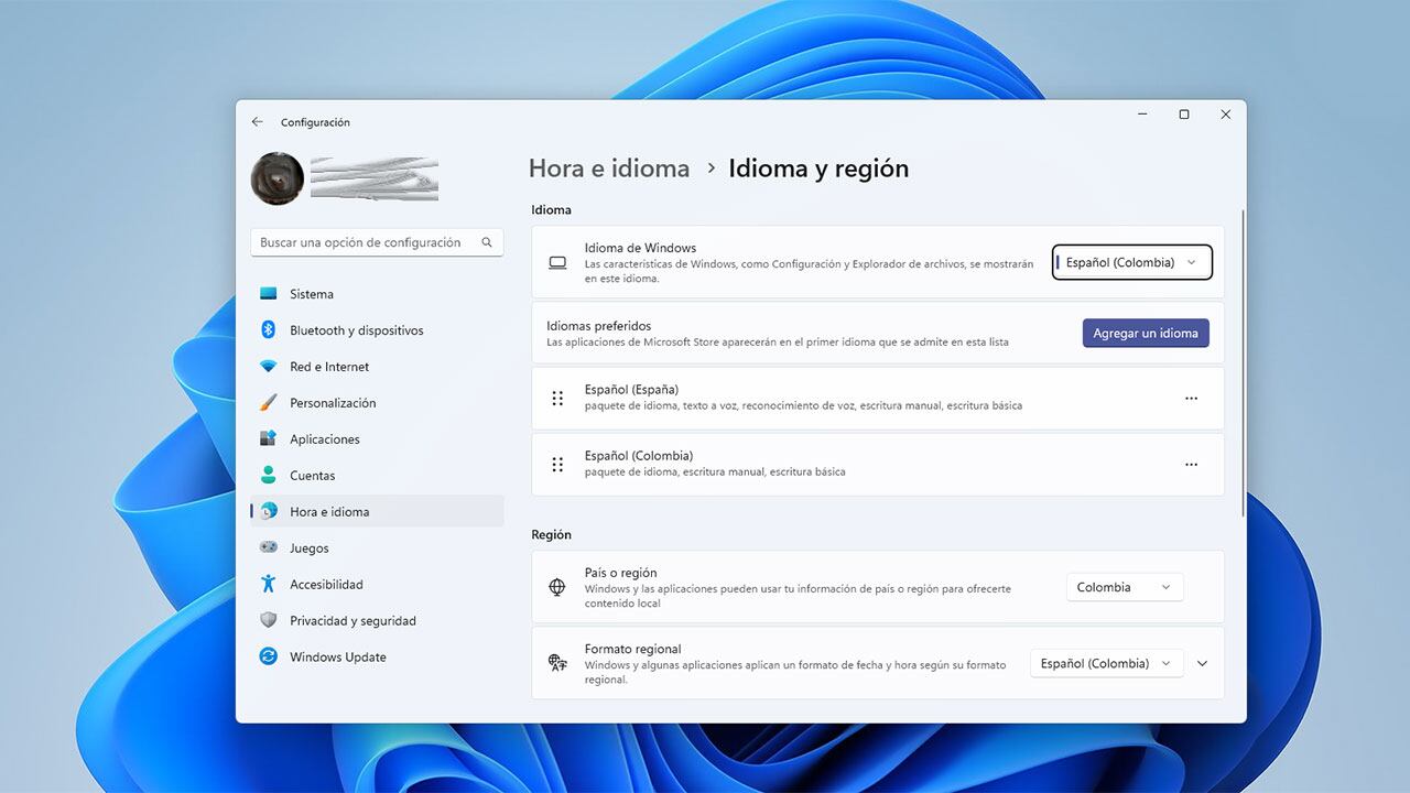 La configuración hora e idioma en Windows permite ajustar el teclado del computador.