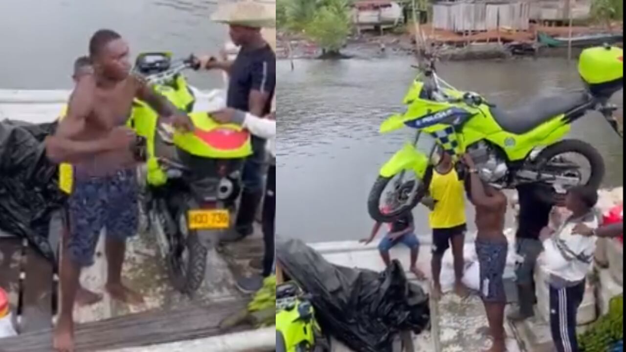 Las imágenes muestran al hombre caminando mientras sostiene en su hombro derecho los cerca de 150 kilos que pesa la moto.