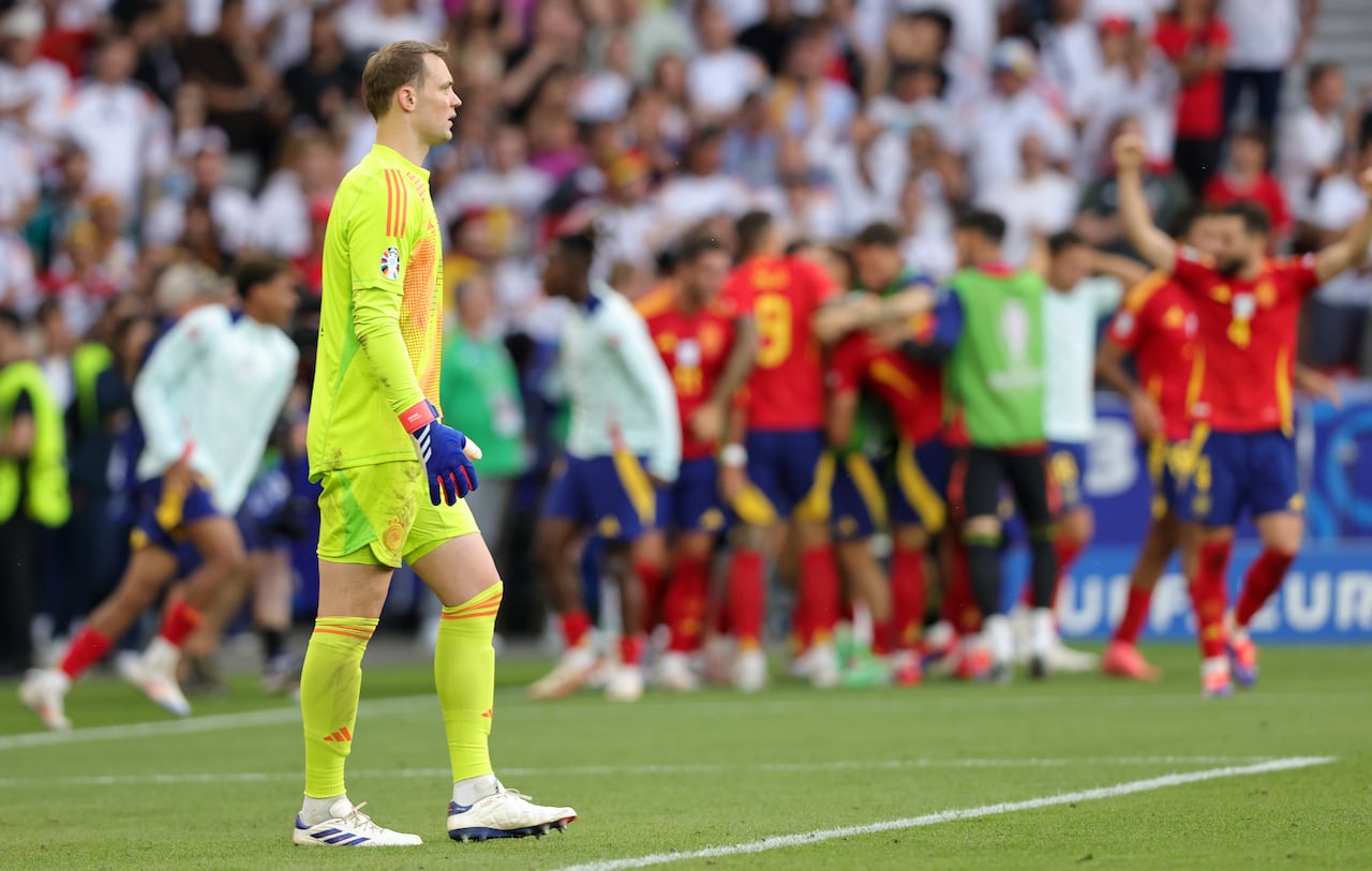 STUTTGART, GERMANY - JULY 5: Goalkeeper Manuel Neuer of Germany looks dejected during the UEFA EURO 2024 quarter-final match between Spain and Germany at Stuttgart Arena on July 5, 2024 in Stuttgart, Germany. (Photo by Ralf Ibing - firo sportphoto/Getty Images)