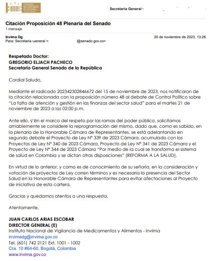 Esta fue la excusa presentada por el director general (e) del Invima, Juan Carlos Arias Escobar, para pedir la postergación del debate de control político.