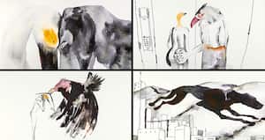 Las mujeres aquí son aves. Melo Gapert cuenta que, desde su primer corto animado, decidió ponerles picos a sus figuras humanas, pues no las dominaba, pero le quedó gustando. La perra es la perra con todo el amor que representa.