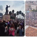 Manifestantes, en el día de la mujer, hacen quemas alrededor de la estatua de Luis Carlos Galán.
