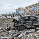 A view of the square outside the damaged local city hall of Kharkiv on March 1, 2022, destroyed as a result of Russian troop shelling. - The central square of Ukraine's second city, Kharkiv, was shelled by advancing Russian forces who hit the building of the local administration, regional governor Oleg Sinegubov said. Kharkiv, a largely Russian-speaking city near the Russian border, has a population of around 1.4 million. (Photo by Sergey BOBOK / AFP)