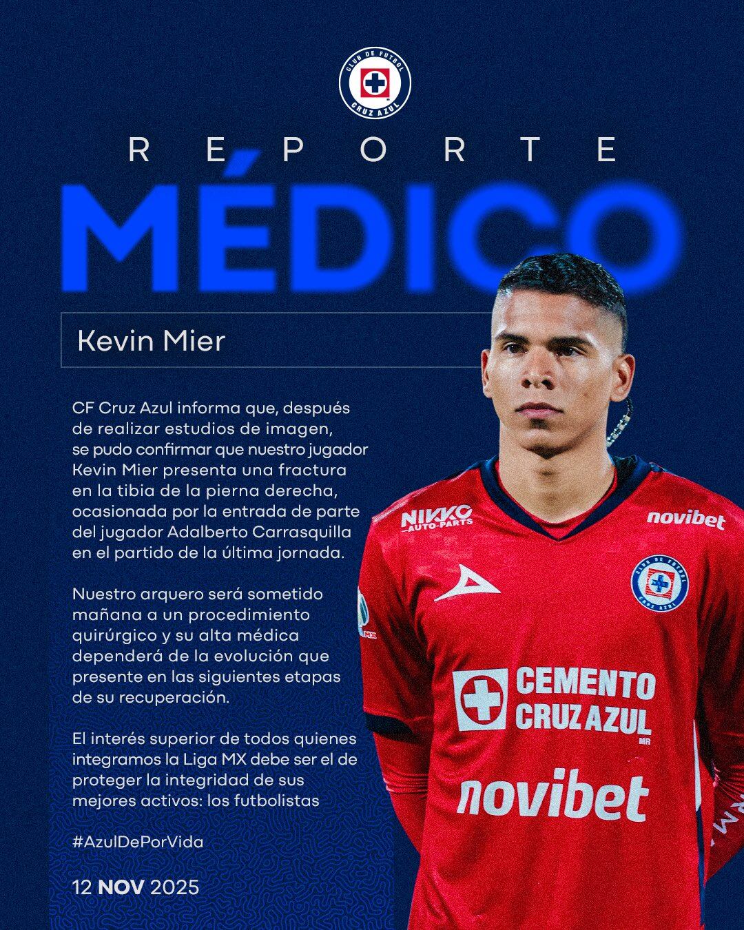 Parte médico oficial de Kevin Mier tras su delicada lesión en Cruz Azul.
