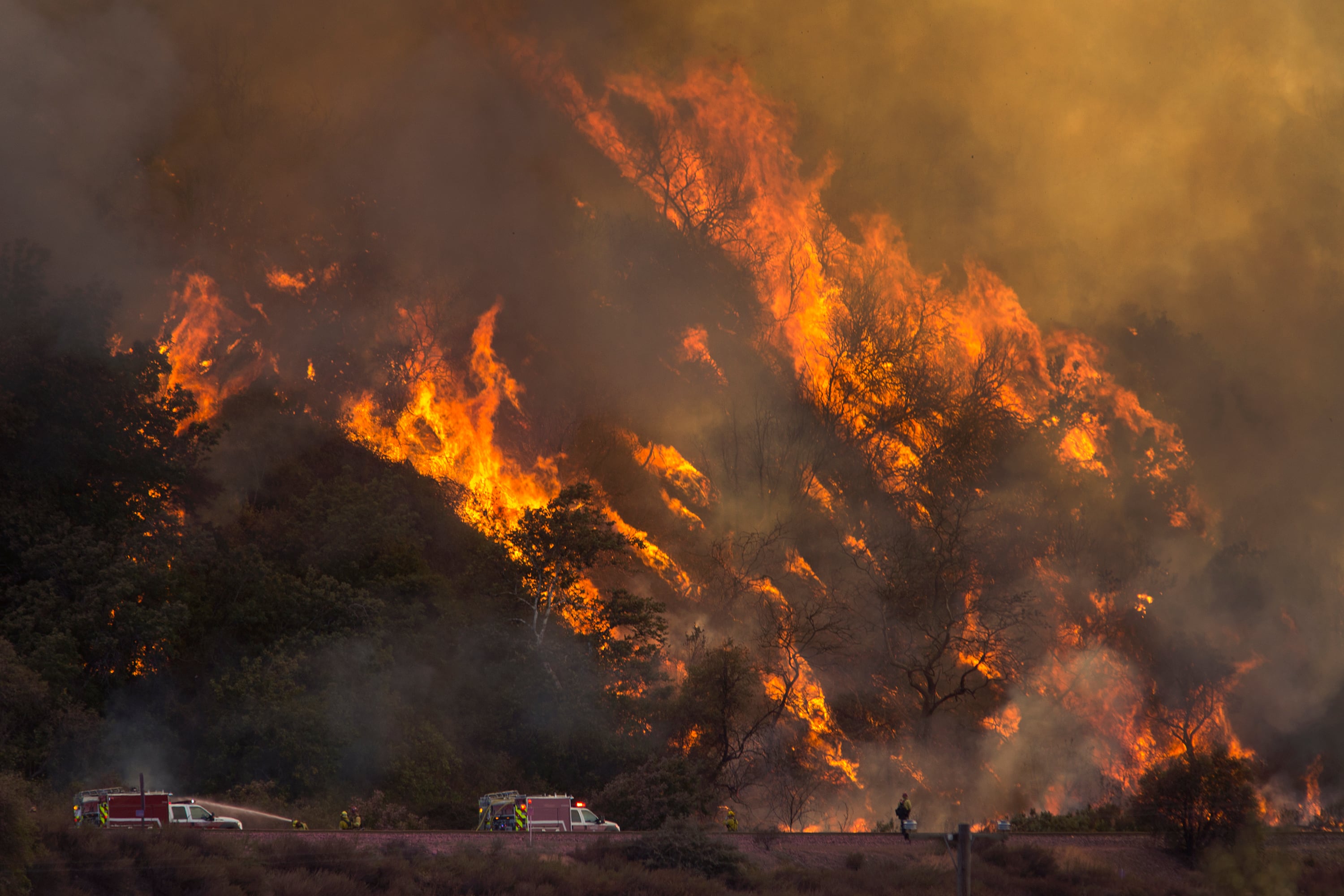 Las llamas se extendieron por una ladera cerca de los bomberos en el incendio Blue Cut el 18 de agosto de 2016, cerca de Wrightwood, California.