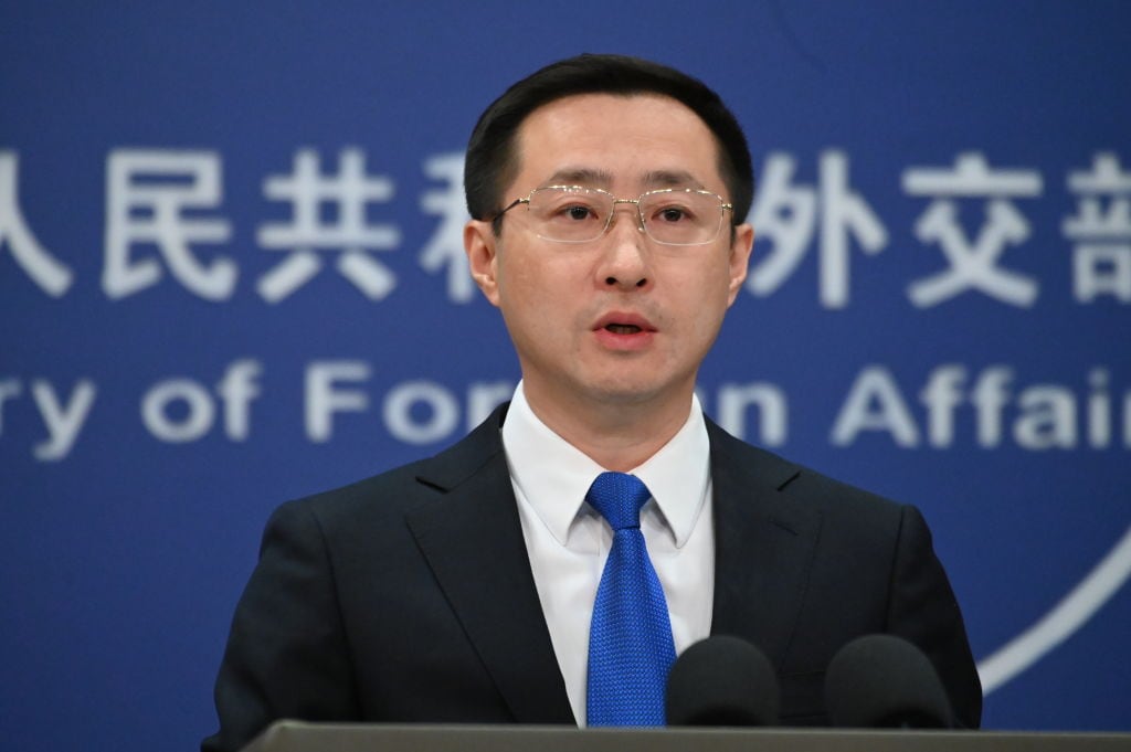 04 March 2025, China, Peking: Lin Jian, a spokesman for the Chinese Foreign Ministry, answers questions from journalists. China has reacted angrily to the tariffs imposed by the USA against the People's Republic. Photo: Johannes Neudecker/dpa (Photo by Johannes Neudecker/picture alliance via Getty Images)