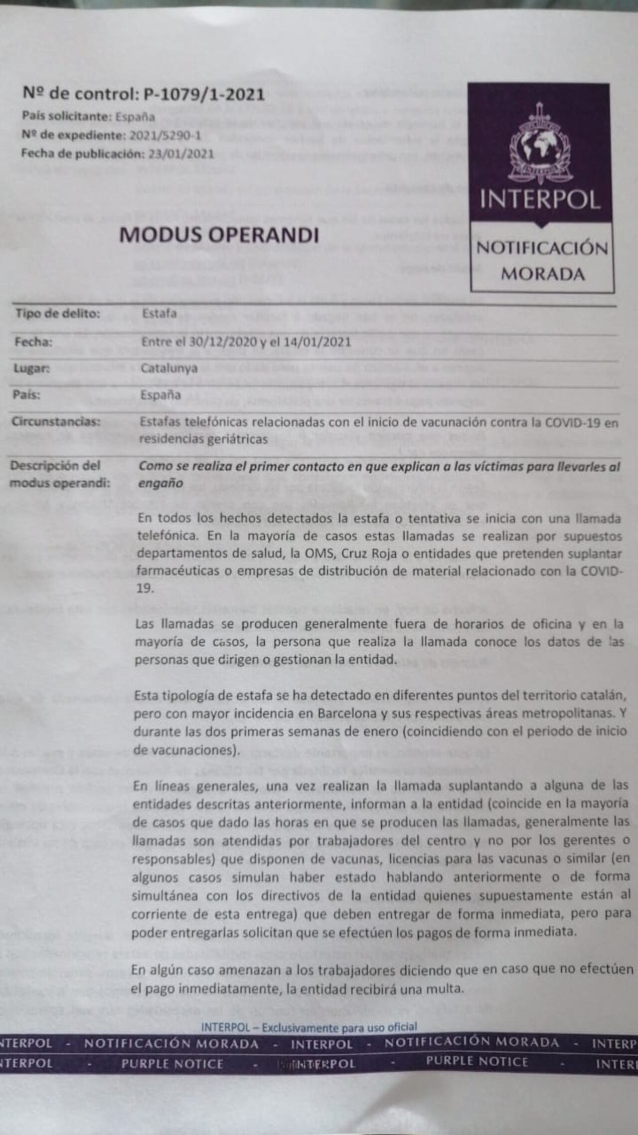 Circular morada Interpol vacunas covid