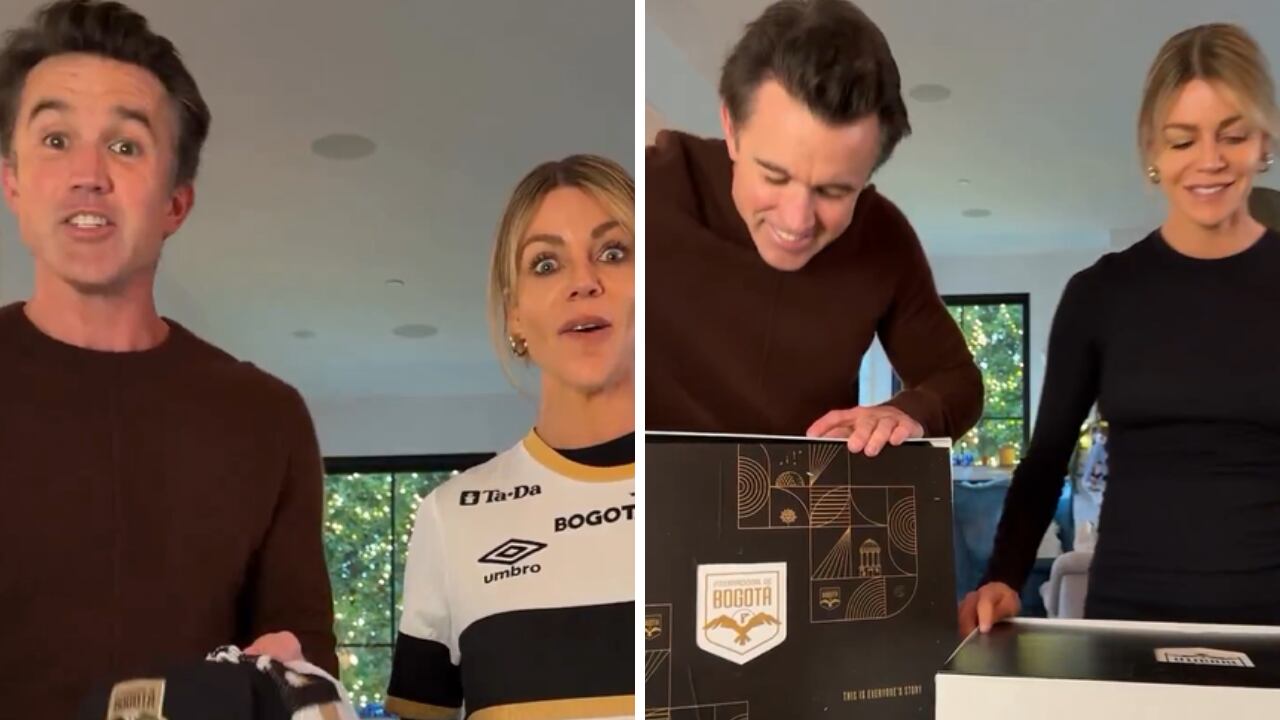 Rob McElhenney y su esposa, Kaitlin Olson, con la nueva indumentaria del Internacional de Bogotá.