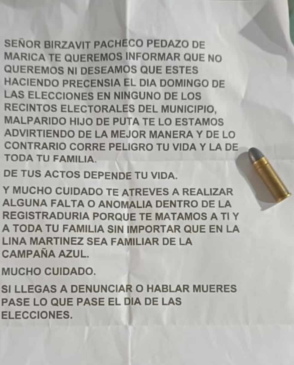 Panfleto amenazante en contra del registrador del municipio de Moñito, Córdoba