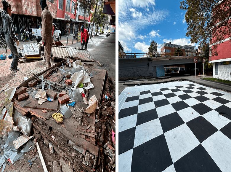 Antes y el después del espacio bajo puente de la calle 53 con avenida NQS en Teusaquillo