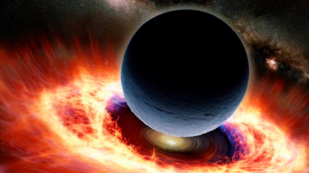 Ilustración de un agujero negro supermasivos cerca a un planeta.