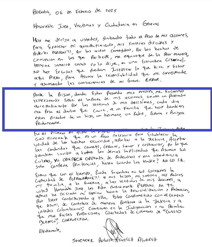 Sneyder Pinilla, exsubdirector de la UNGRD, ofrece excusas públicas.