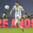 Argentina's Angel Di Maria scores the opening goal against Brazil during the Copa America final soccer match at the Maracana stadium in Rio de Janeiro, Brazil, Saturday, July 10, 2021. (AP Photo/Andre Penner)