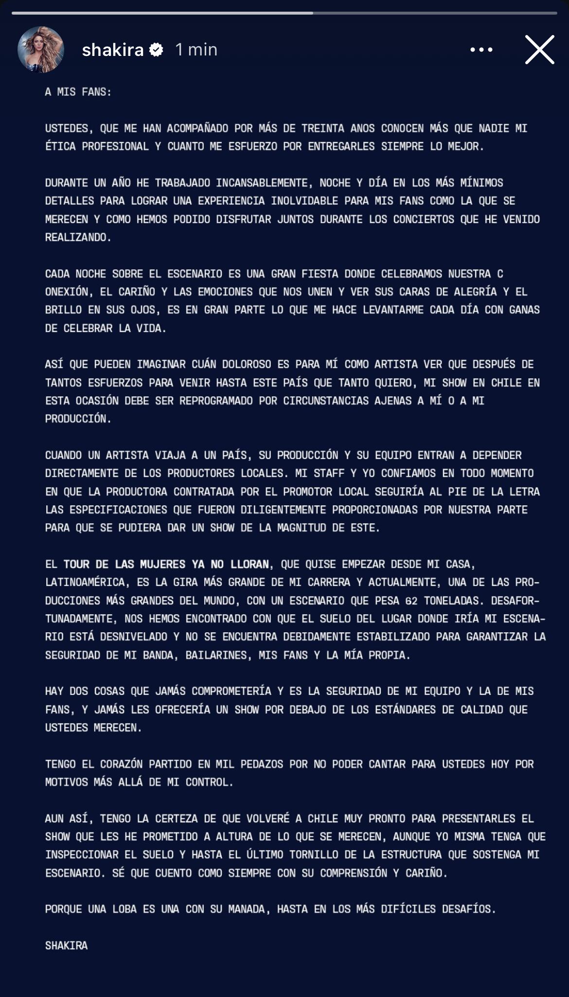 Shakira se pronunció por cancelación de su concierto en Chile