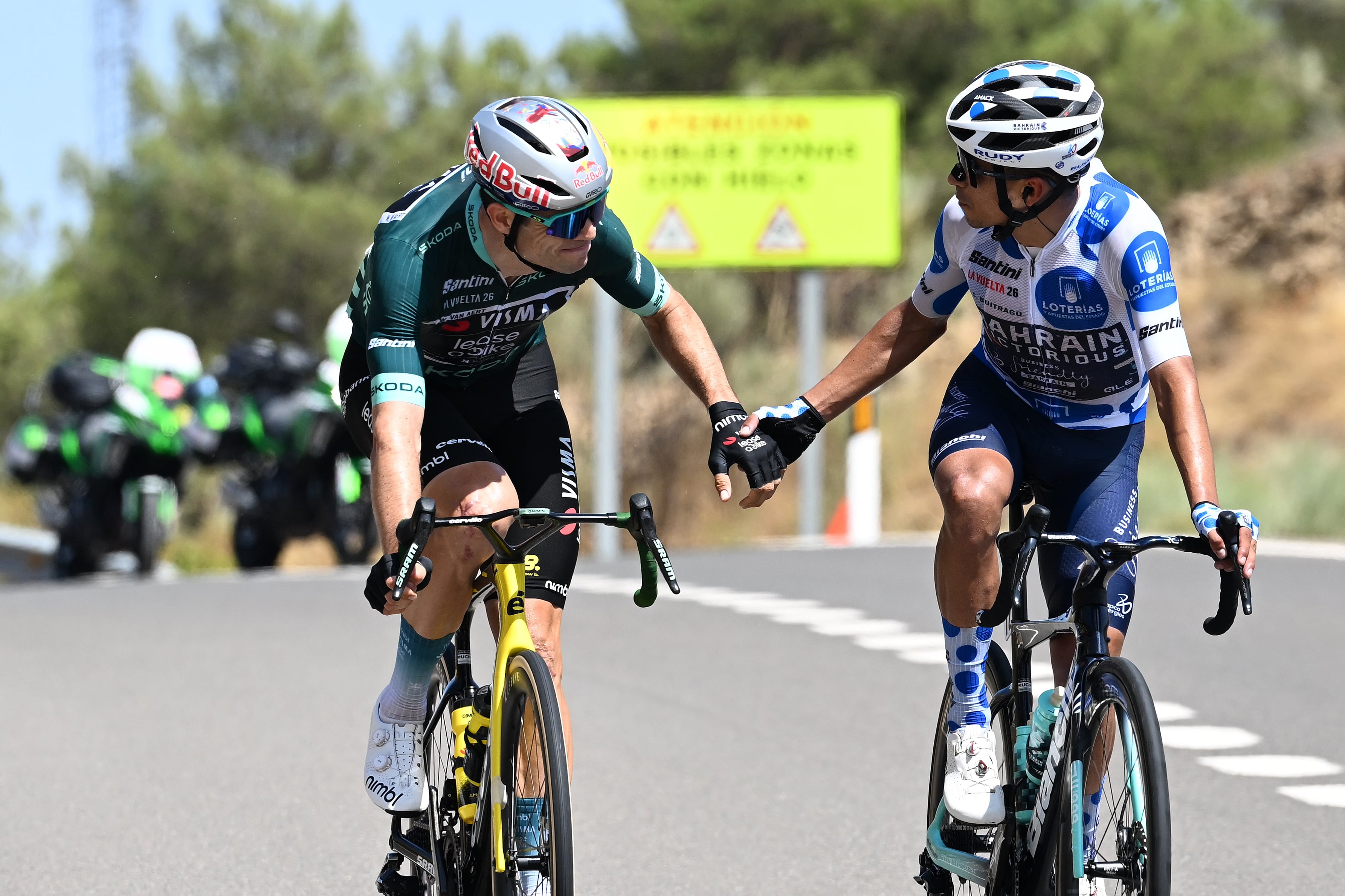CALAR ALTO, SPAIN - SEPTEMBER 03: (L-R) Wout Van Aert of Belgium and Team Visma | Lease a Bike - Green points jersey and Santiago Buitrago of Colombia and Team Bahrain Victorious - Polka dot Mountain Jersey compete in the breakaway during the La Vuelta - 81st Tour of Spain 2026, Stage 12 a 166.6km stage from Vera to Calar Alto 2151m / #UCIWT / on September 03, 2026 in Calar Alto, Spain. (Photo by Tim de Waele/Getty Images)