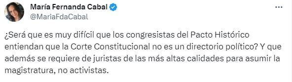 María Fernanda Cabal habla sobre la terna propuesta por el presidente Petro para magistrado en la Corte Constitucional.