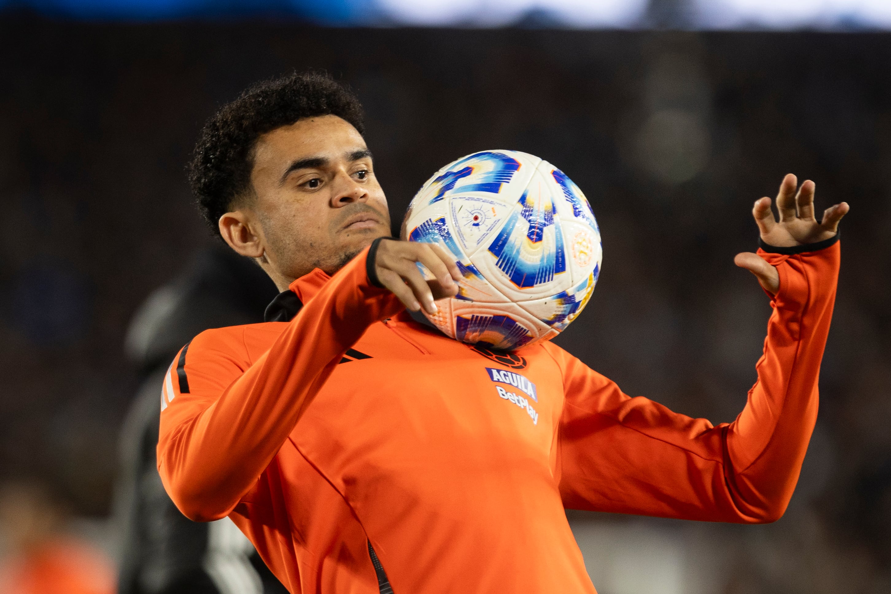 Luis Diaz from Colombia stands before the 2026 FIFA World Cup South American qualifiers football match between Argentina and Colombia at the Mas Monumental stadium in Buenos Aires, Argentina, on June 10, 2025. (Photo by Matias Baglietto/NurPhoto via Getty Images)
