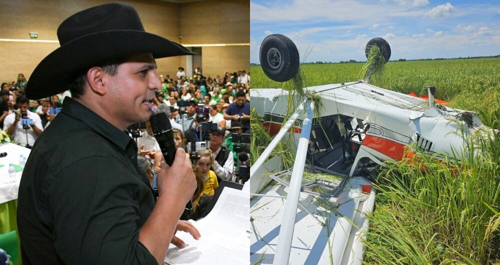 El candidato César Ortiz Zorro y el estado de la avioneta accidentada este sábado, 26 de agosto.