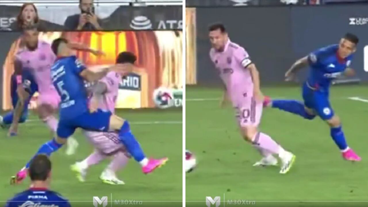 Lionel Messi ante el colombiano Kevin Castaño en el debut con Inter Miami.