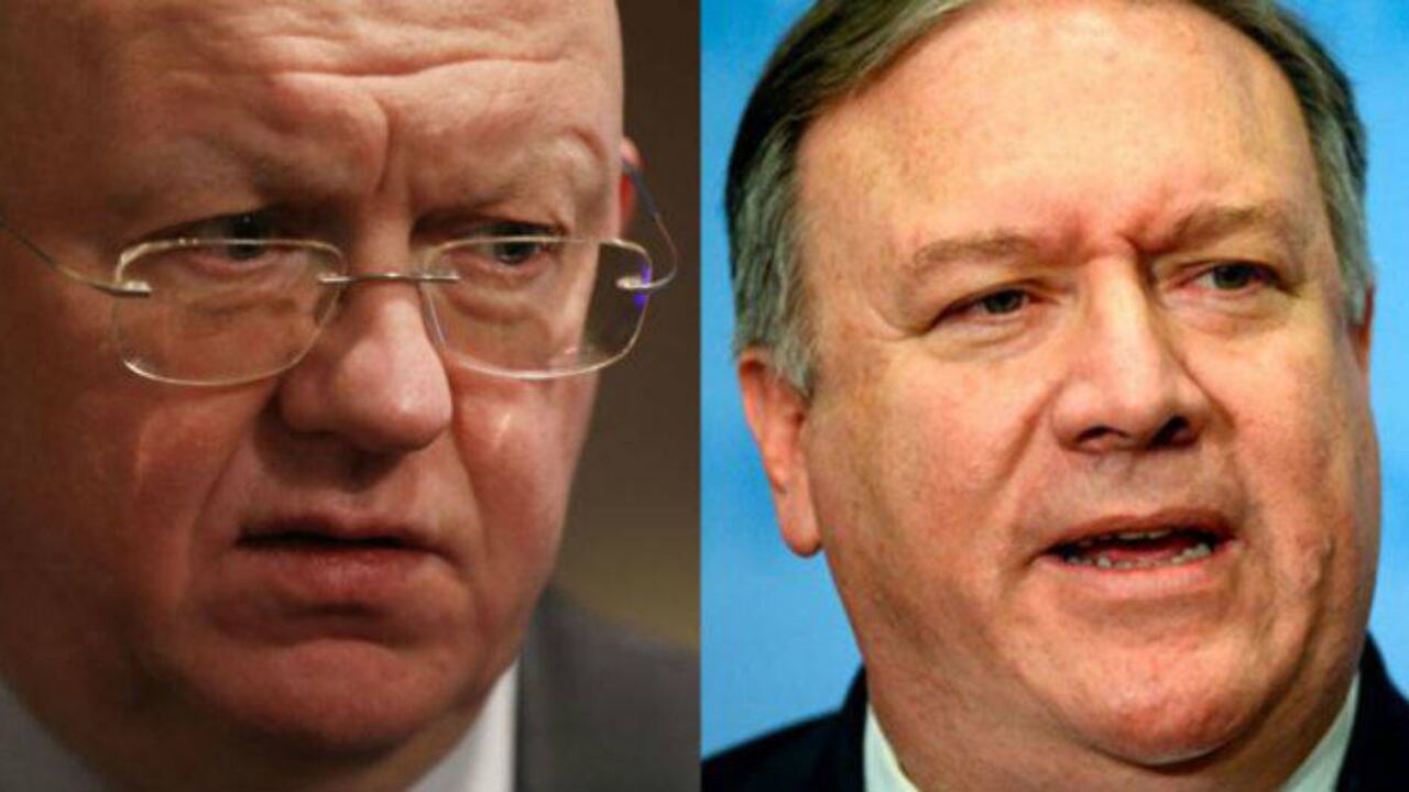 Vasily Nebenzya de Rusia y Mike Pompeo de EE.UU se enfrentaron en el Consejo de Seguridad de la ONU.