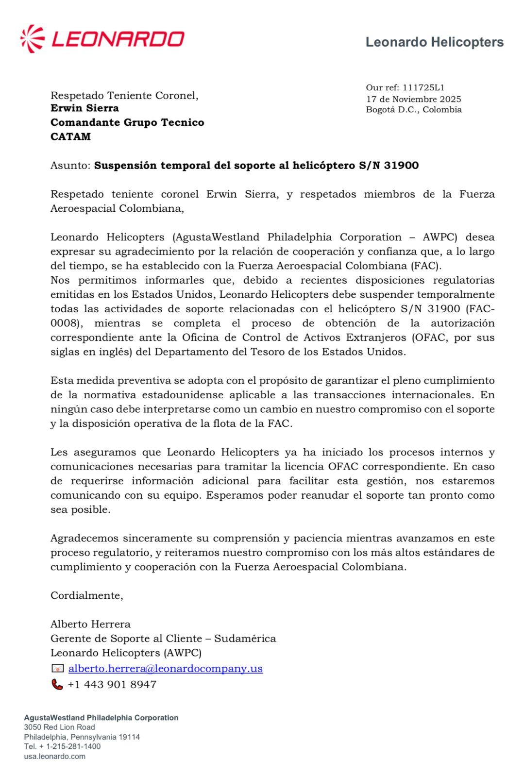 Carta de Leonardo Helicopters