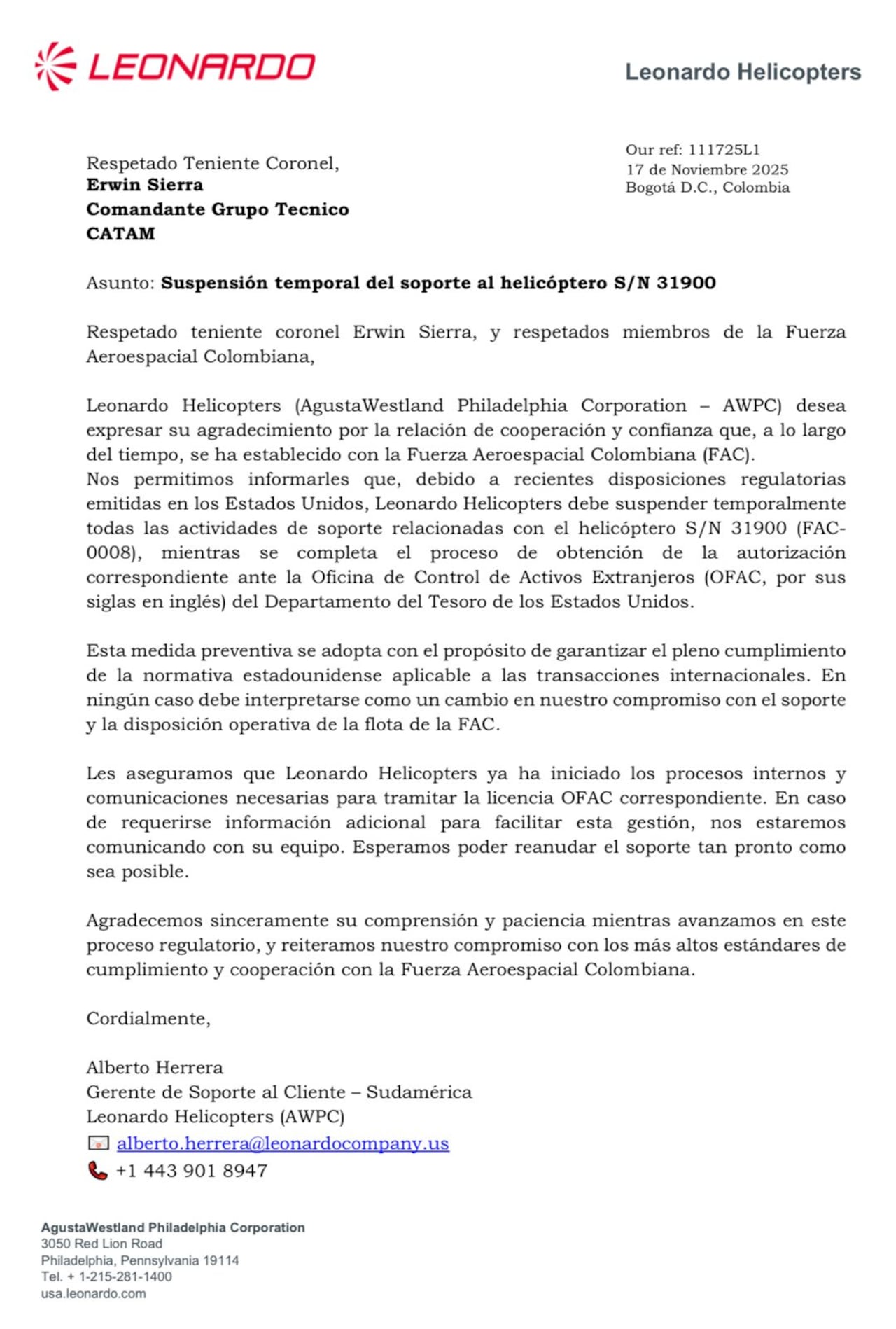 Carta de Leonardo Helicopters