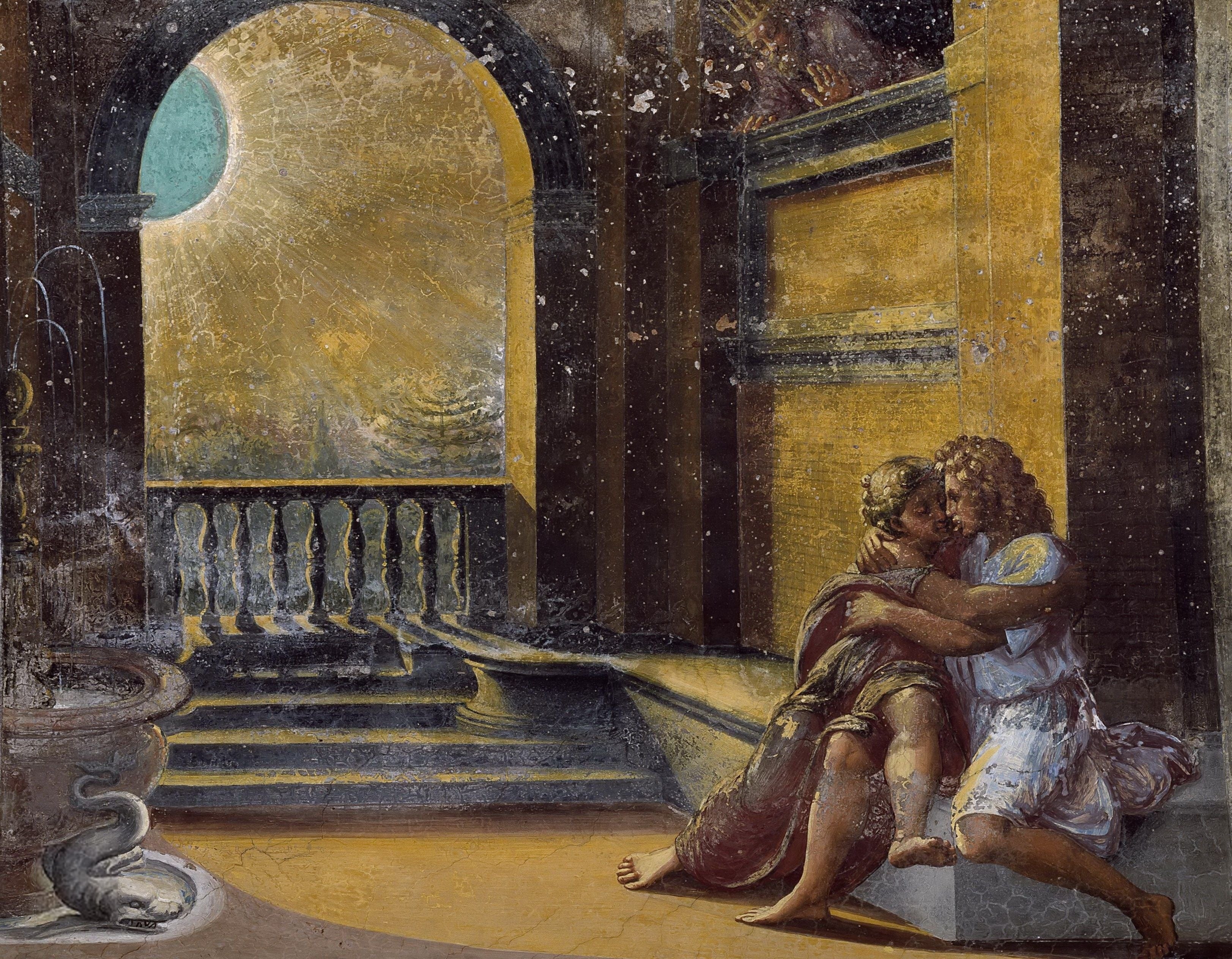 Un eclipse de Sol de fondo en una escena de Isaac y Rebeca, espiados por Abimelec. Logias vaticanas/Wikimedia Commons