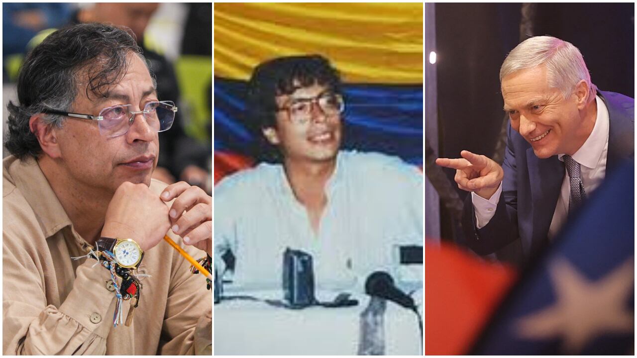 De izquierda a derecha: El presidente, Gustavo Petro, el 12 de diciembre de 2025 en Cartagena; el presidente, Gustavo Petro, en la foto que le publicó en X José Antonio Kast Rist el 9 de enero de 2023. Y el mandatario electo de los chilenos, José Antonio Kast, celebrando el 14 de diciembre de 2025, en Santiago, su elección como presidente de los chilenos