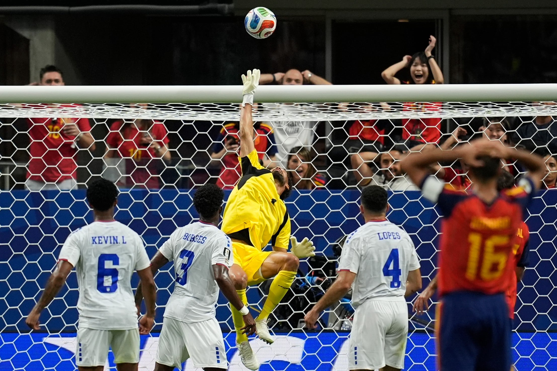 Cape Verde goalkeeper Vozinha (1) makes a save during the World Cup Group H soccer match between Spain and Cape Verde in Atlanta, Monday, June 15, 2026. (AP Photo/Mike Stewart)