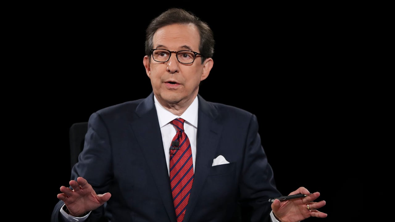 FILE - In this Oct. 19, 2016 file photo, moderator Chris Wallace guides the discussion during the presidential debate at UNLV in Las Vegas. All eyes are on Fox's Chris Wallace as he prepares to moderate the first presidential debate. Wallace is the only journalist moderating one of the four debates this fall who has been there before: he was the onstage referee for the third meeting between President Donald Trump and Hillary Clinton. (Joe Raedle/Pool via AP, File)