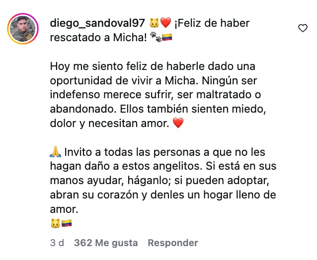 Diego Sandoval, infante de Marina que rescató a Micha, una gatita en la selva.