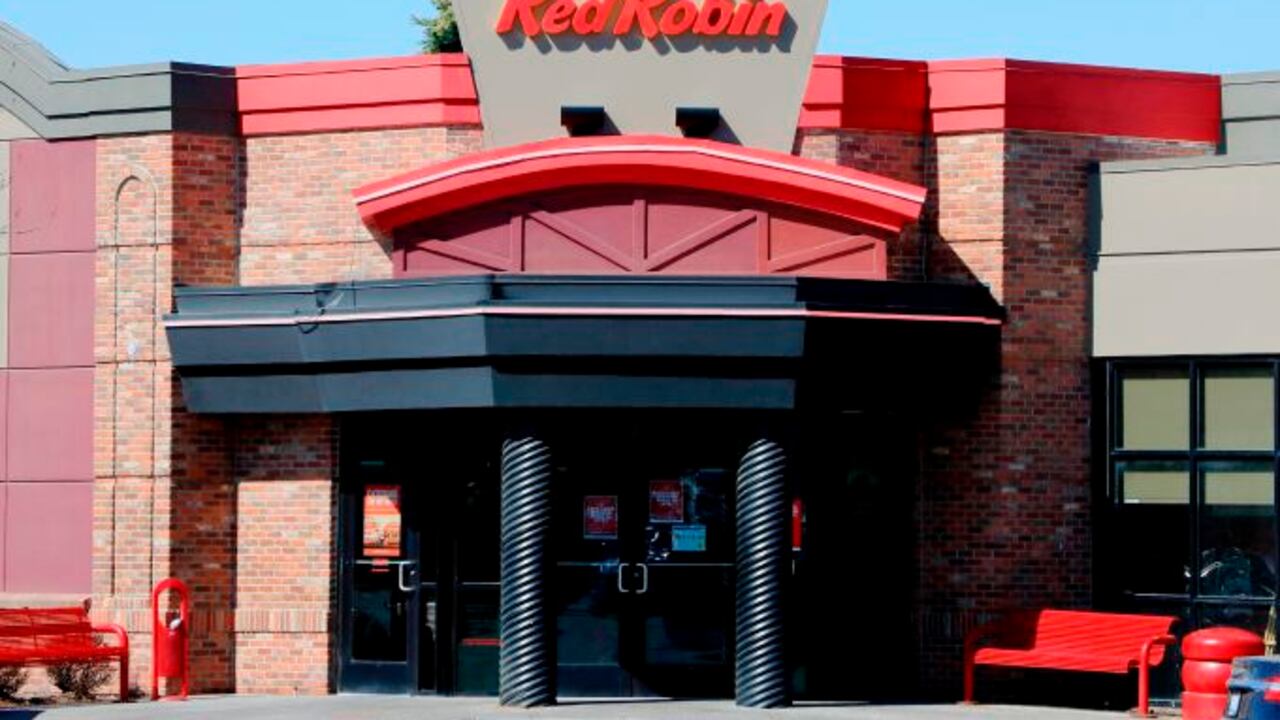Red Robin Gourmet Burgers and Brews restaurant entrance showing company logo, Spokane Valley, Washington, headquartered in Greenwood Village Colorado. (Photo by: Don and Melinda Crawford/UCG/Universal Images Group via Getty Images)