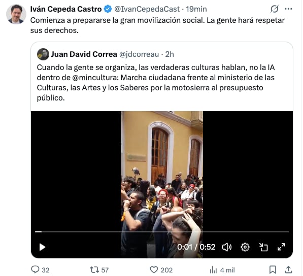 La publicación en X de Iván Cepeda.