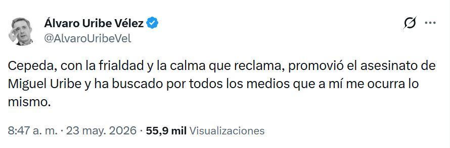 Publicación de Álvaro Uribe en X.