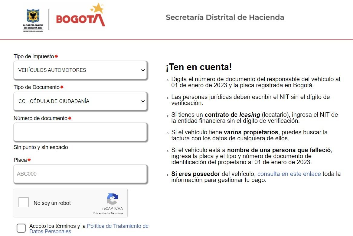 Cuando se encuentre dentro de la Oficina Virtual de la Secretaría Distrital de Hacienda, se deberá llenar los datos que se muestran en esta ilustración para poder realizar el pago del impuesto vehícular.