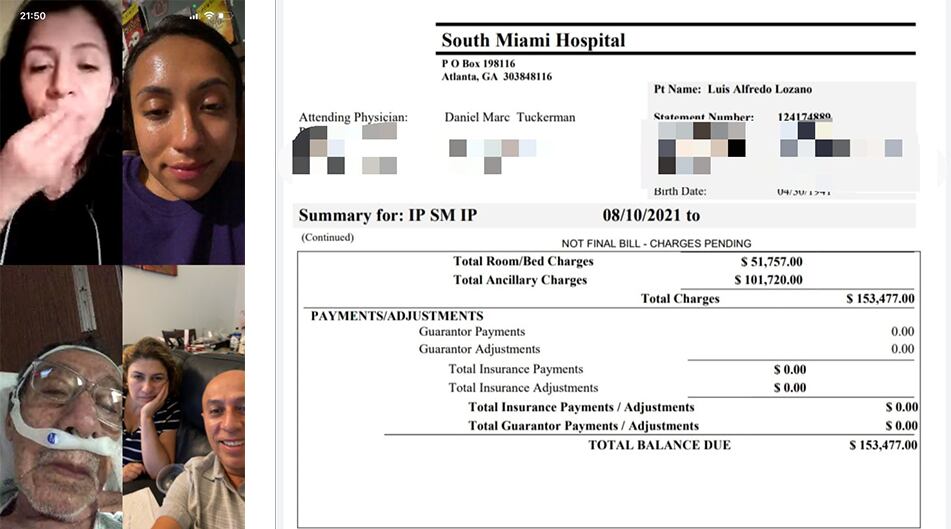 En medio de la angustia de sus familiares tras saber que fue entubado a causa del coronavirus, la familia de don Luís recibió una factura del South Miami Hospital por 150.000 dólares, equivalente a 600m millones de pesos colombianos.