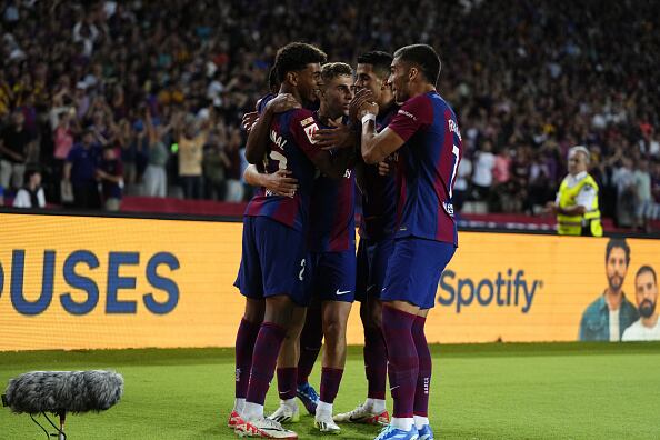 BARCELONA, SPAIN - SEPTEMBER 29: Lamine Yamal right winger of Barcelona and Spain celebrates after scoring his sides first goal during the LaLiga EA Sports match between FC Barcelona and Sevilla FC at Estadi Olimpic Lluis Companys on September 29, 2023 in Barcelona, Spain. (Photo by Jose Hernandez/Anadolu Agency via Getty Images)