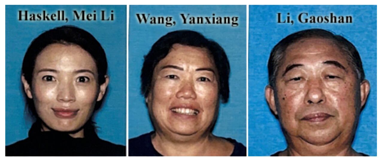 Esta combinación fotográfica sin fechar proporcionada por el Departamento de Policía de Los Ángeles muestra a Mei Haskell, izquierda, y a sus padres, YanXiang Wang y Gaoshan Li. El esposo de Mei, Samuel Haskell IV, es sospechoso de su asesinato. (Departamento de Policía de Los Ángeles vía AP)