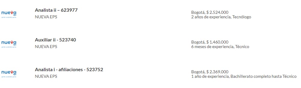 Conozca algunas de las ofertas de trabajo publicadas por la Nueva EPS, a través del portal de empleos de Semana. Para consultar otras ofertas, ingrese en: https://www.semana.com/empleos/