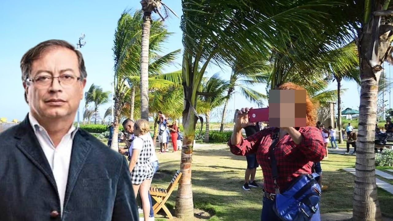 Presidente Gustavo Petro y palmeras en el malecón de Barranquilla.