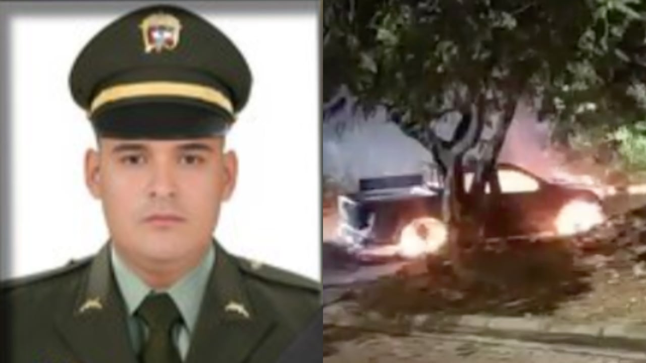 En la imagen, el uniformado asesinado Luis Alfredo Argote Rincón y la patrulla en la que se movilizaba junto a otros policías.