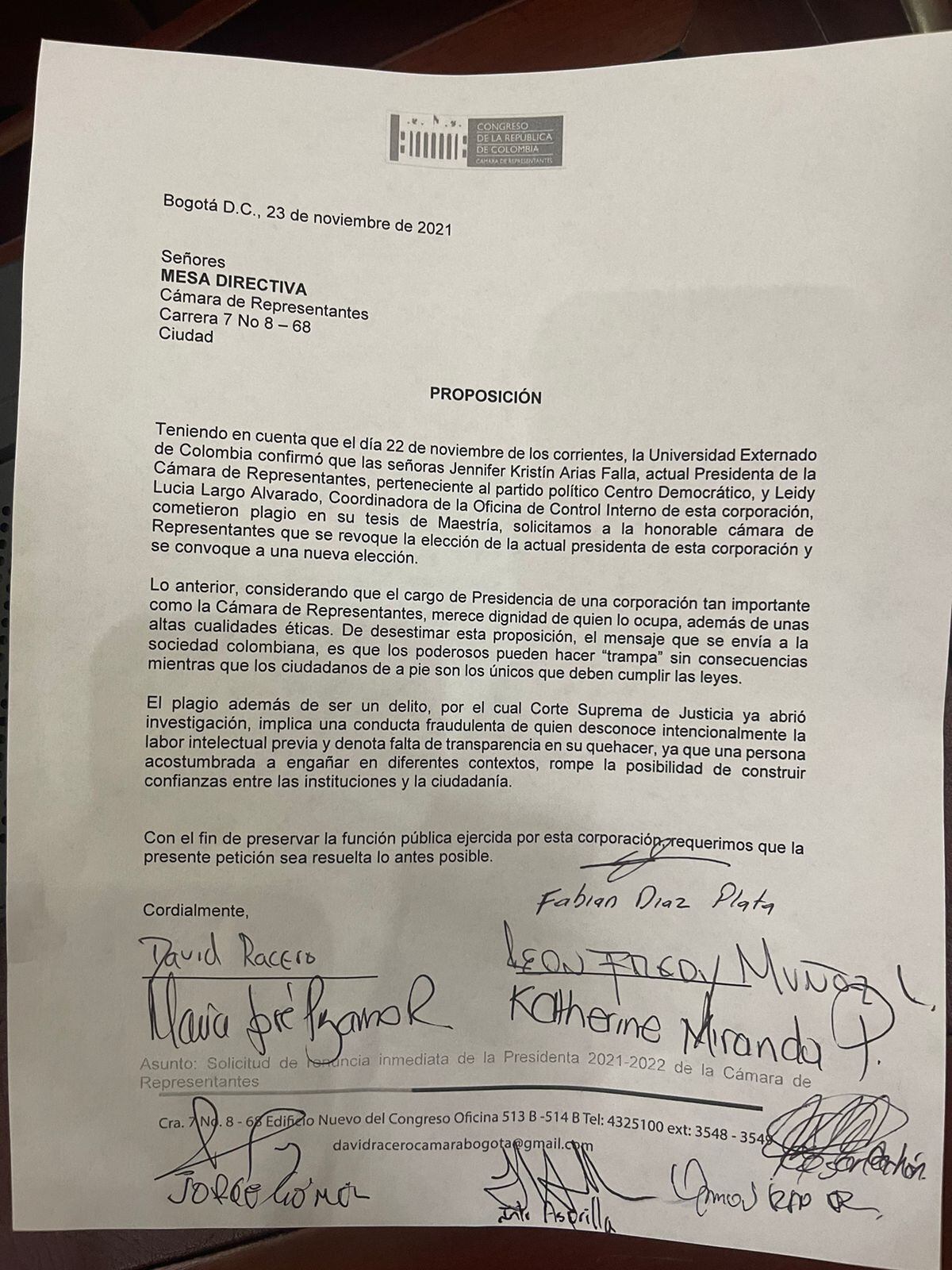 Proposición que pide revocar la elección de Jennifer Arias como presidenta de la Cámara