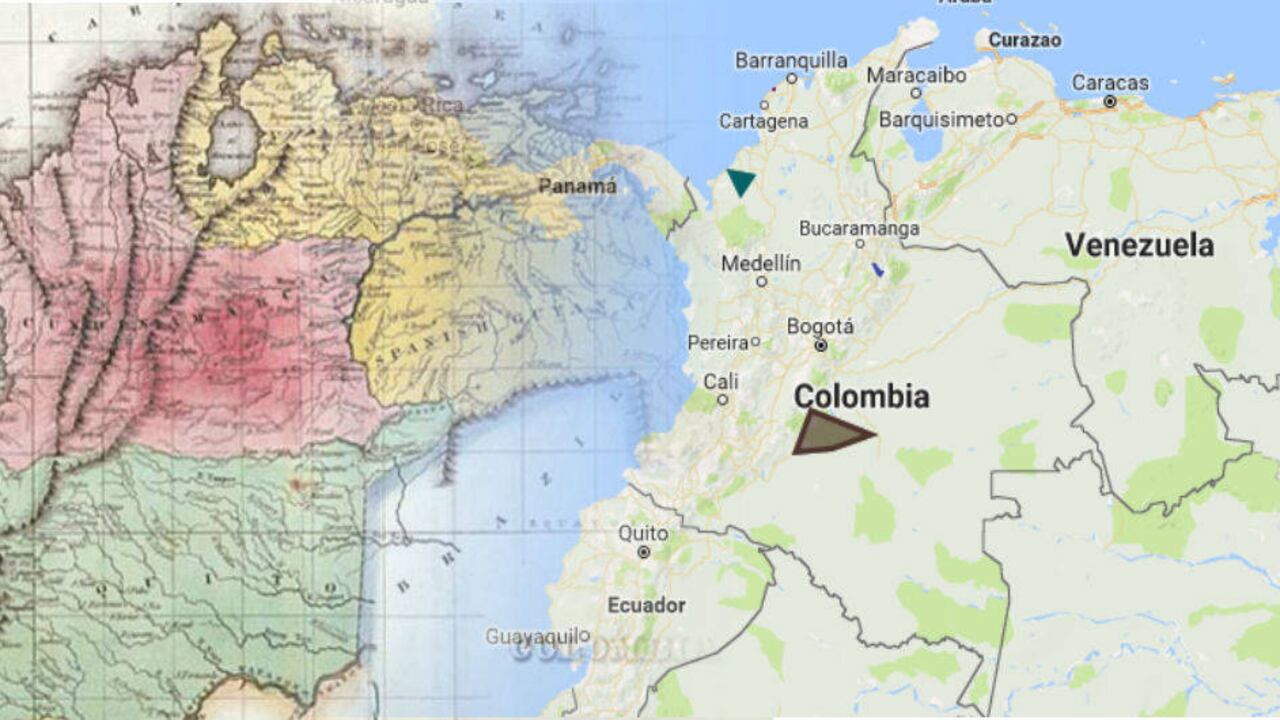 Mapa geográfico, estadístico e histórico de Colombia dibujado por J. Finlayson en 1822 comparado con el actual en el que se señalan los procesos de deslinde en la actualidad.