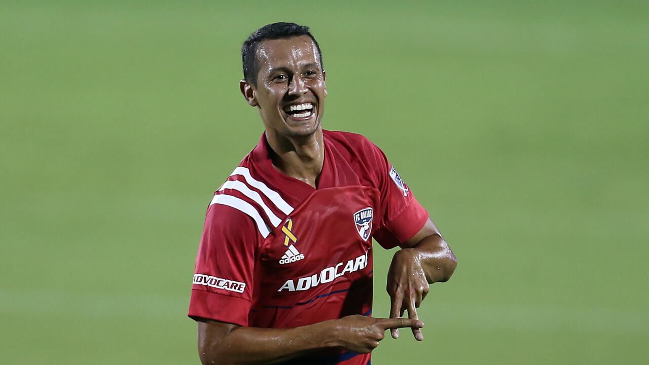 DALLAS, TX - SEPTEMBER 12: Andrés Ricaurte #10 of FC Dallas celebrates after scoring the first goal during the MLS game between FC Dallas and Houston Dynamo at Toyota Stadium on September 12, 2020 in Dallas, Texas. (Photo by Omar Vega/Getty Images)