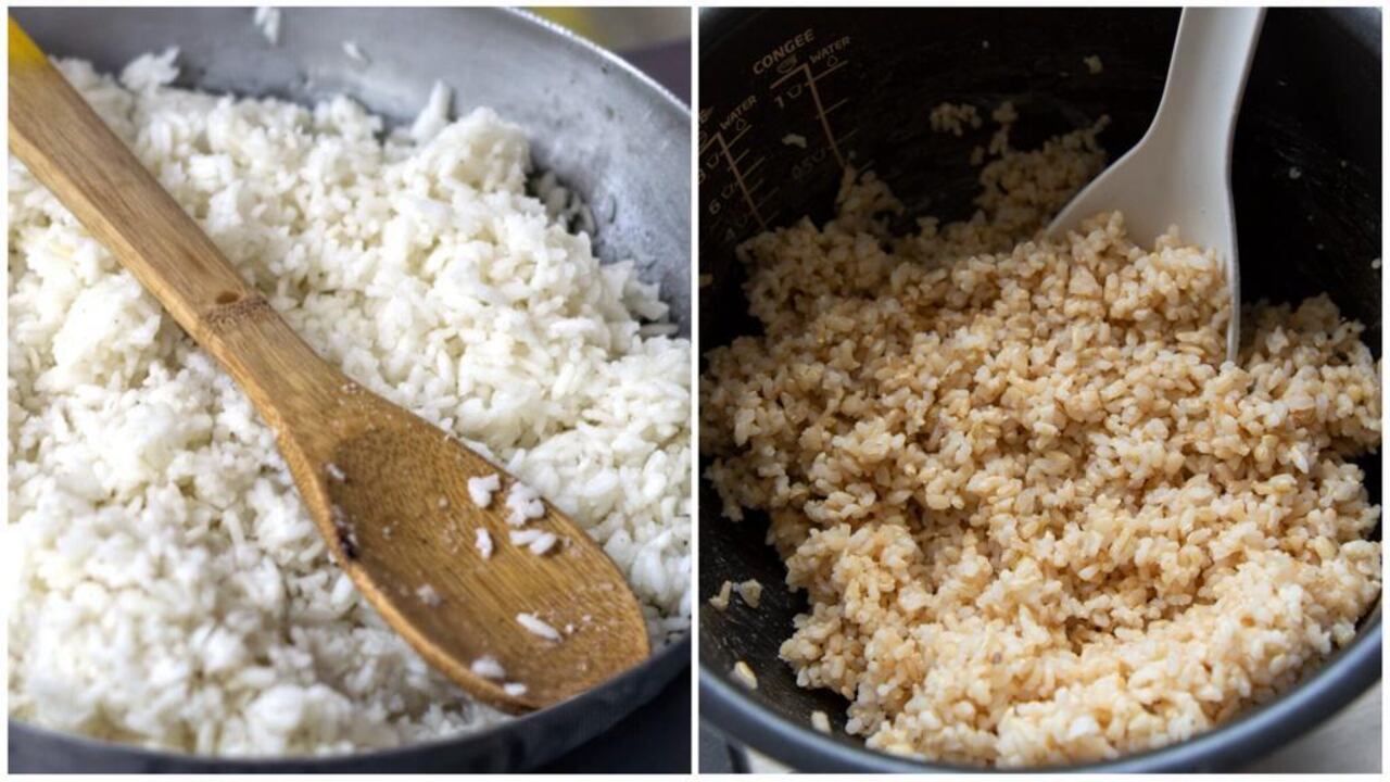 Preparación de arroz blanco y arroz integral, respectivamente.
